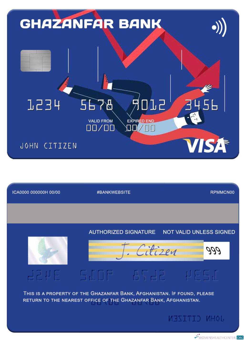 Download Afghanistan Ghazanfar Bank visa card Photoshop template